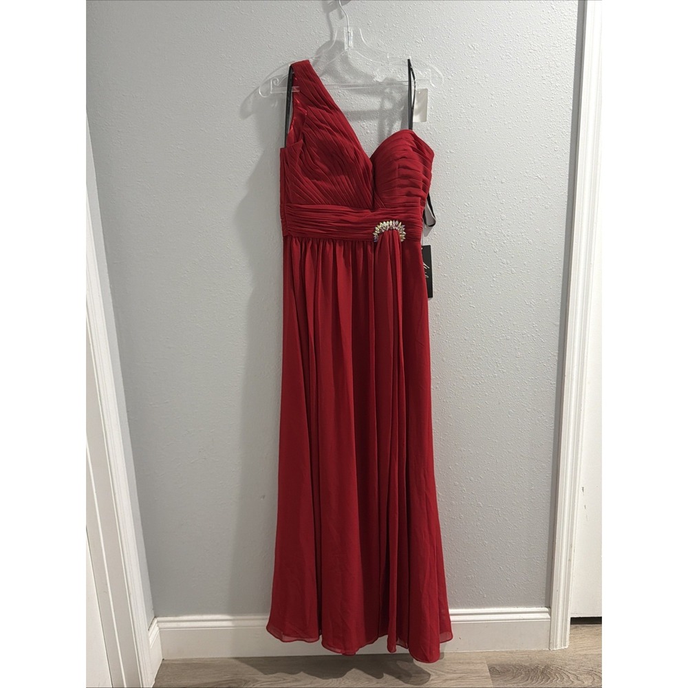 Red One shoulder Evening Gown with rhinestone accent Size 12 Christmas Military